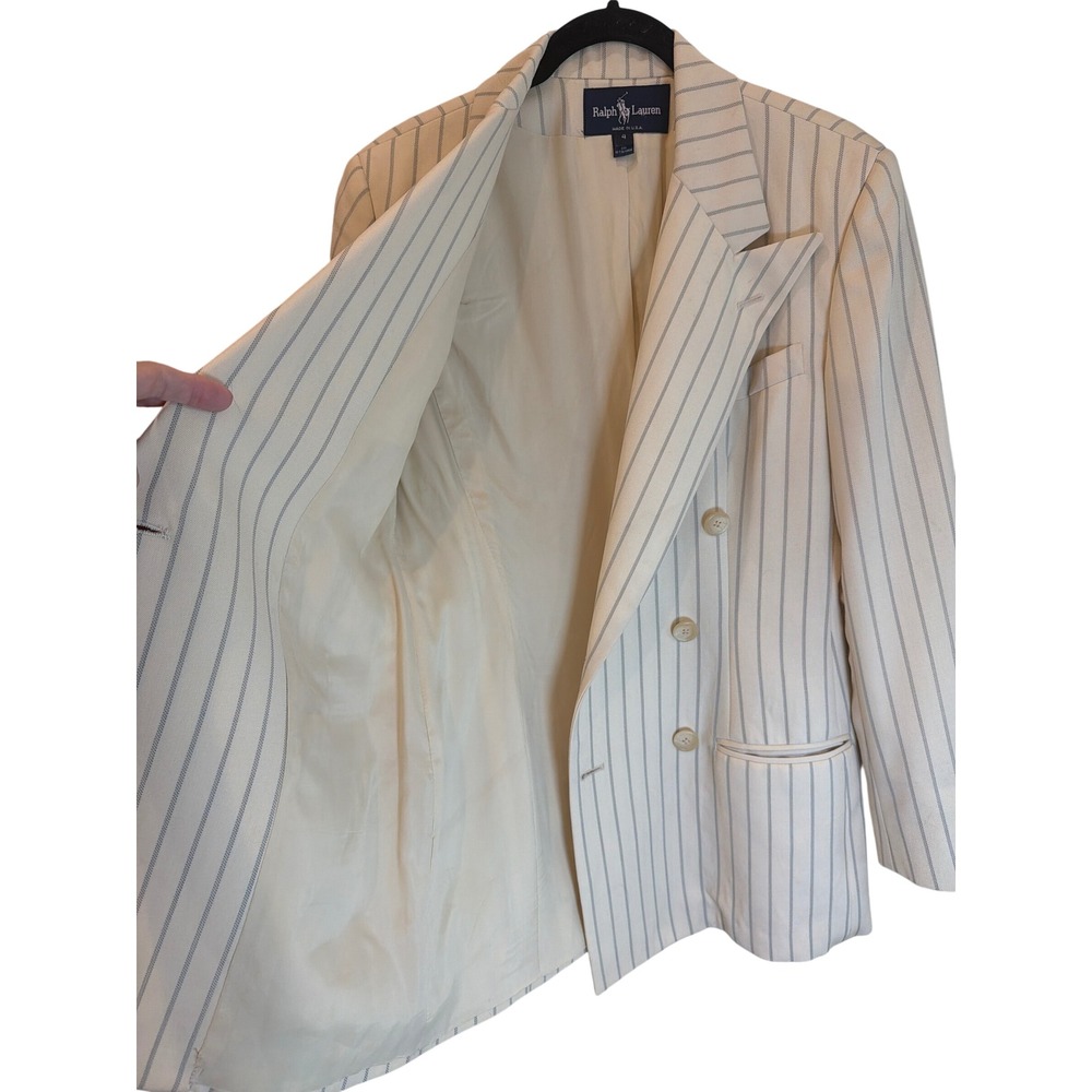 Ralph Lauren Womens Pinstripe Wool Double Breasted Blazer Cream Navy Vintage 4 - Picture 6 of 6